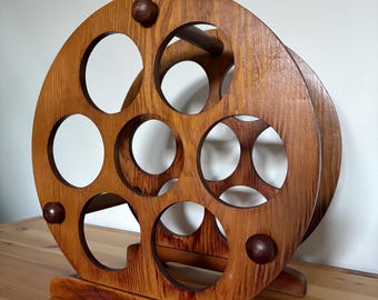 Vintage Midcentury Modern Circular Wooden Wine Rack - Geometric - Teak Wood - 7 Bottle Storage