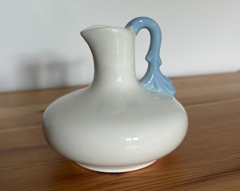 Midcentury Ceramic Bud Vase Small Pitcher - Pearly White With Light Blue Swirled Handle - Glossy Glaze