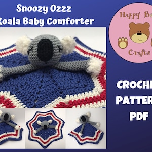 Puede incluir: Un arrullo Koala para bebé hecho a mano con el texto "Snoozy Ozzz" y "Koala Baby Comforter". El arrullo es azul, blanco y rojo, con una cabeza y brazos de koala de ganchillo. La imagen también incluye el texto "CROCHET PATTERN PDF".