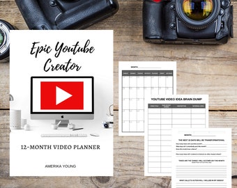 May include: A white printable planner with the text "Epic Youtube Creator" and "12-Month Video Planner" with a red play button icon on a computer screen. The planner includes a monthly calendar, a YouTube video idea brain dump, and a section for planning the next 30 days.