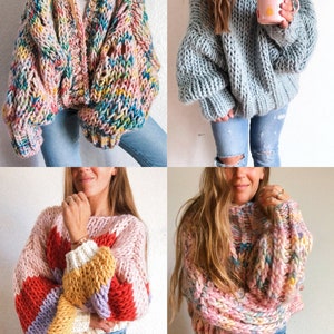 May include: Four different chunky knit sweaters in various colors, including pink, blue, and rainbow. The sweaters are all oversized and have a relaxed fit.
