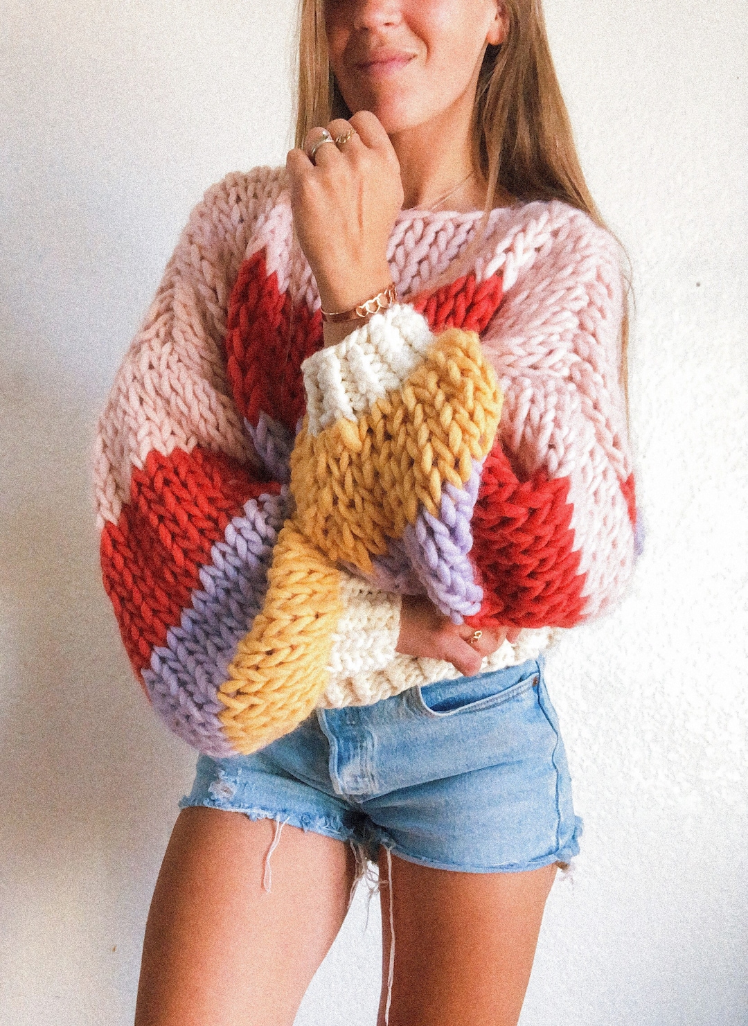 ニット・セーター Smith Heavy Border Over Knit (3color) Playful Bow Geometric Textured Knit Sweater in Green - Retro