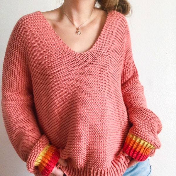 Babs Sweater Cotton Pullover v neck knitting pattern oversized