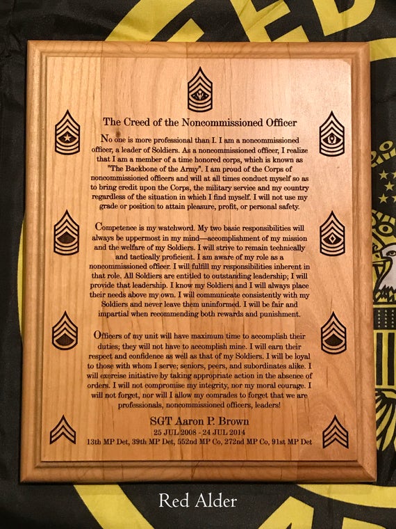 Personalized and Laser Engraved Customized Army NCO Creed Plaque