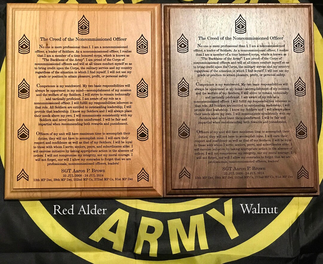 Army NCO Creed Plaque USA Customized and Laser Engraved Etsy