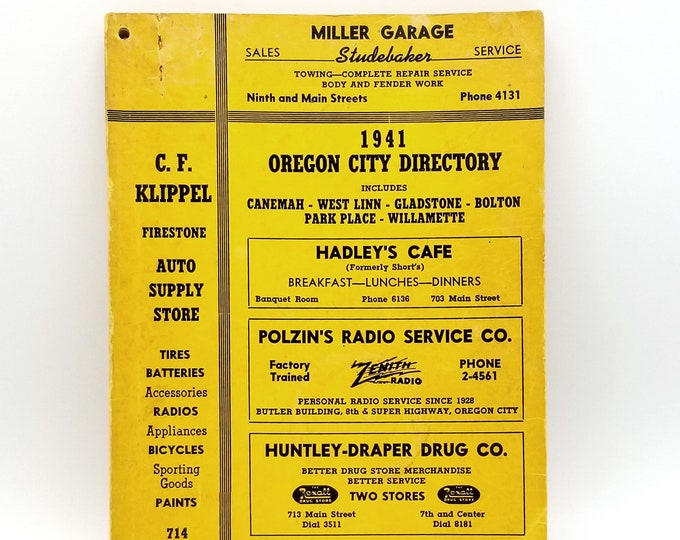 1941 Directory of Oregon City, includes West Linn, Willamette, Bolton, Gladstone, Park Place, Clackamas Heights, Canemah