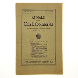 May include: A vintage journal cover from the Clin Laboratories, featuring the title "ANNALS of the Clin Laboratories" and the publication date of April-June 1921. The cover is a light brown color with black text and a decorative emblem.