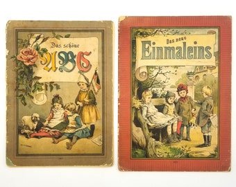 Antique Children's Books: Das Schone ABC and Das neue Einmaleins Ca. 1890s Arithmetic ABC's Animals Rhymes German Language