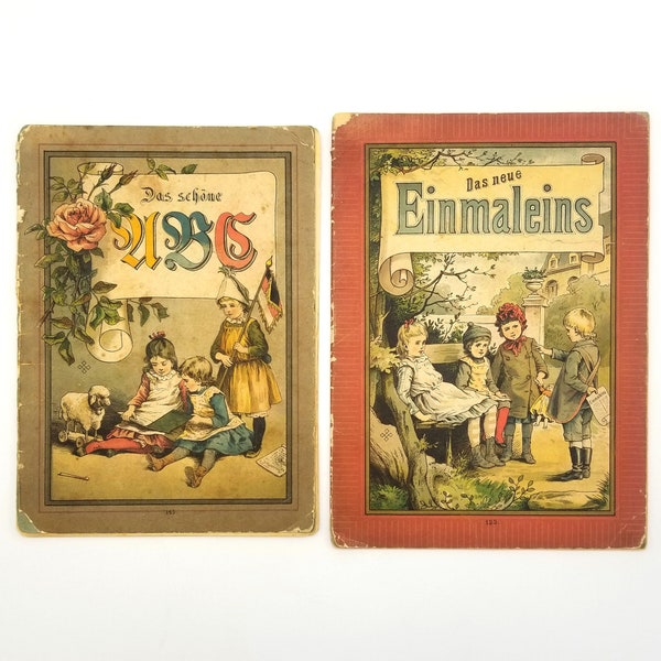 Livres antiques pour enfants: Das Schone ABC et Das neue Einmaleins Ca. années 1890 Arithmétique ABC’s Animals Rhymes Langue allemande