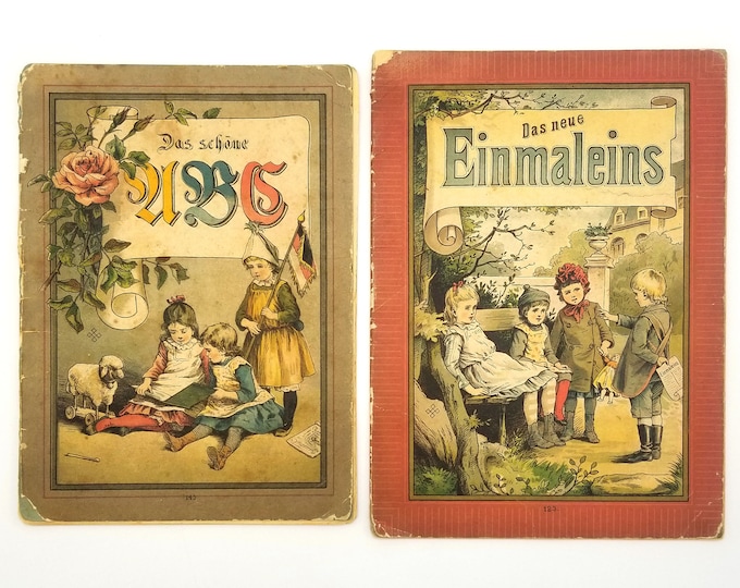 Antique Children's Books: Das Schone ABC and Das neue Einmaleins Ca. 1890s Arithmetic ABC's Animals Rhymes German Language