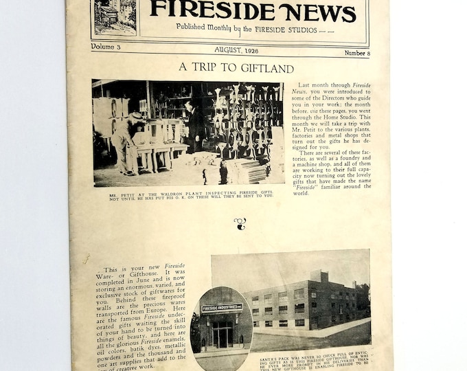 Fireside News Magazine Vol 3 No 8 August 1926 Adrian, MI Fireside Studios / Industries At Home Sales Promotional Materials Vtg Antique