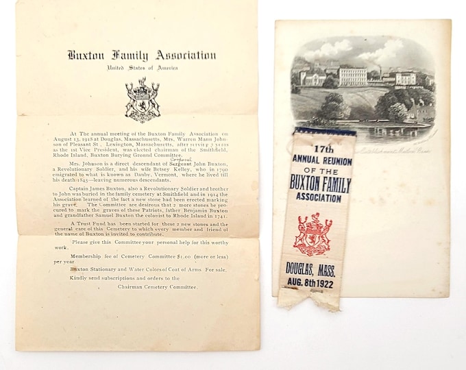2 pieces Buxton Family Association (US) memorabilia 1918 & 1922 genealogy ~Douglas, Massachusetts ~Smithfield, Rhode Island ~Danby, Vermont