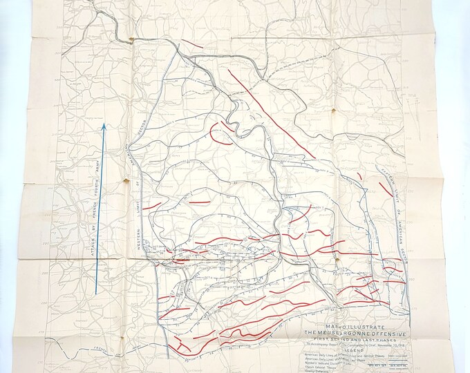 1918 US Army Map to Illustrate the Meuse-Argonne Offensive ~ World War I ~ Western Front ~ France ~ daily lines of advance