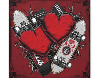 Skateboard Herz Leinwand Wandkunst, Gothic Rot Dekor, Alternative Dekoration, Emo Raumakzent, Einzigartiges Wandbehang