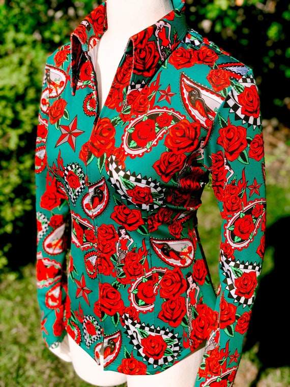 Lucky Devil in Teal/red Roses Ladies 