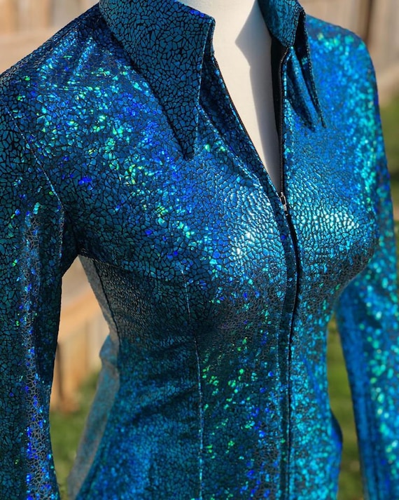 Turquoise Dreams Shimmer Modern Cowgirl Western Stretch Show Rodeo Rail Shirt Jacket Zip Reining Horsemanship Custom XS S M L XL 2X 3X youth