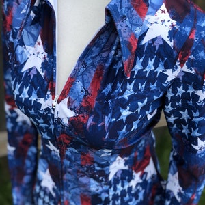 Flag Girl/America Western Rodeo Stretch Show Shirt Parade Queen Rail Horsemanship Blue Red USA Patriotic womens plus size XS S M L XL 2X 3X