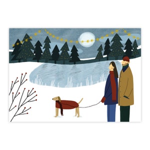Walking the Dog in Winter Wonderland - Christmas Card (2022) | Single Postcard | Set of 5