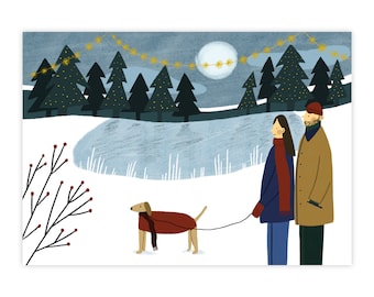 Walking the Dog in Winter Wonderland - Christmas Card (2022) | Single Postcard | Set of 5