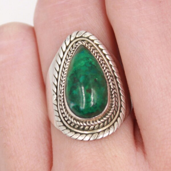 Green Chrysocolle & 925 Sterling Silver Ring S. US 7.25 / FR 56 • Boho Jewelry • Gemstone Ring • Valentine Day Gift