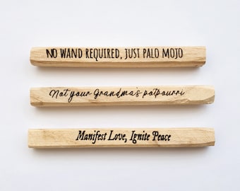 Set of 3 Engraved Ecuadorian Palo Santo Sticks with Funny Puns - Natural Aromatherapy, Sustainable Home Decor, Unique Gift #1