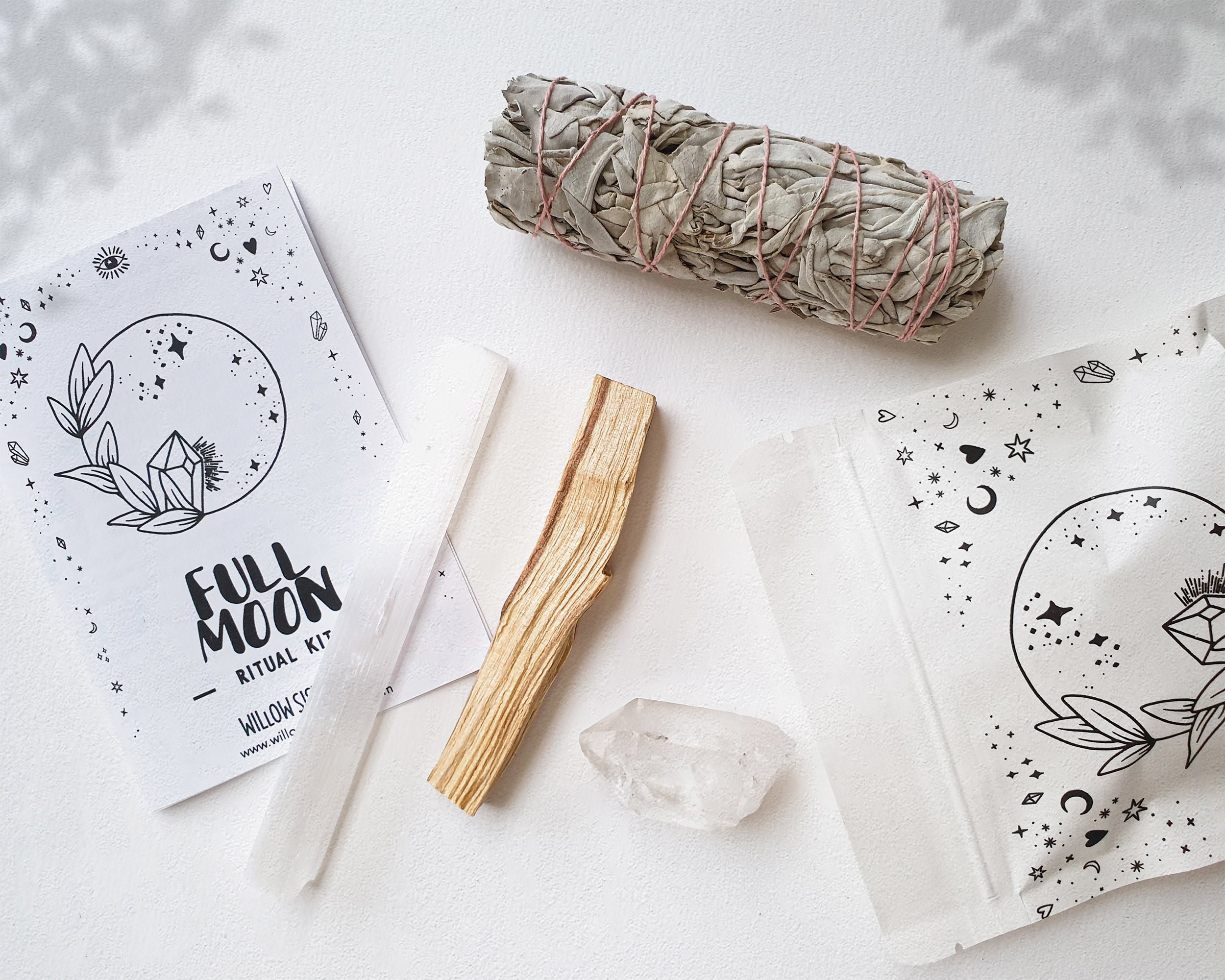 Full Moon Ritual Kit Selenite Crystal Sage Smudge Set Bundle White Gift Set