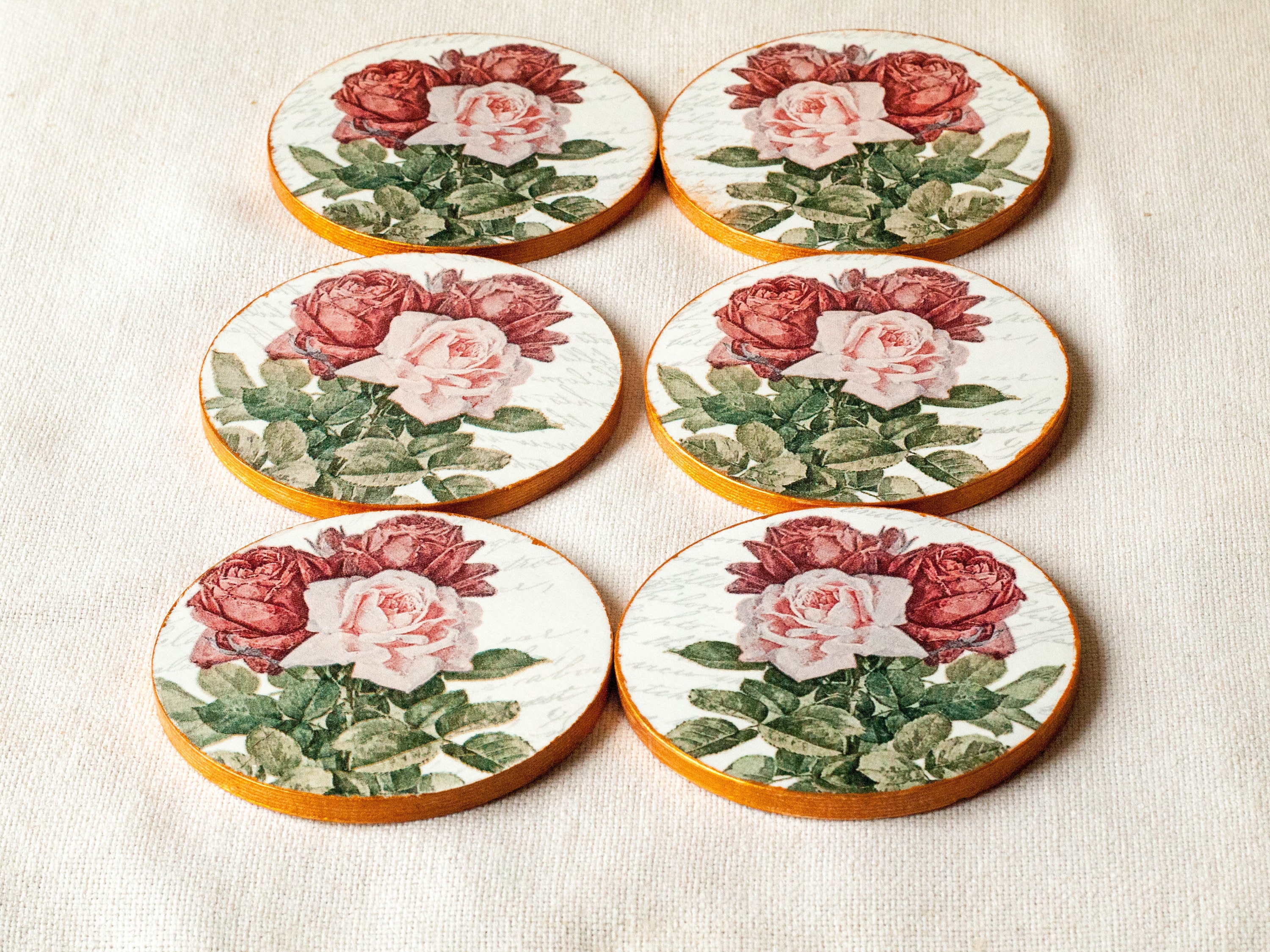 Decoupage Coasters Set of 6 Vintage Roses Coasters Kitchen Etsy UK