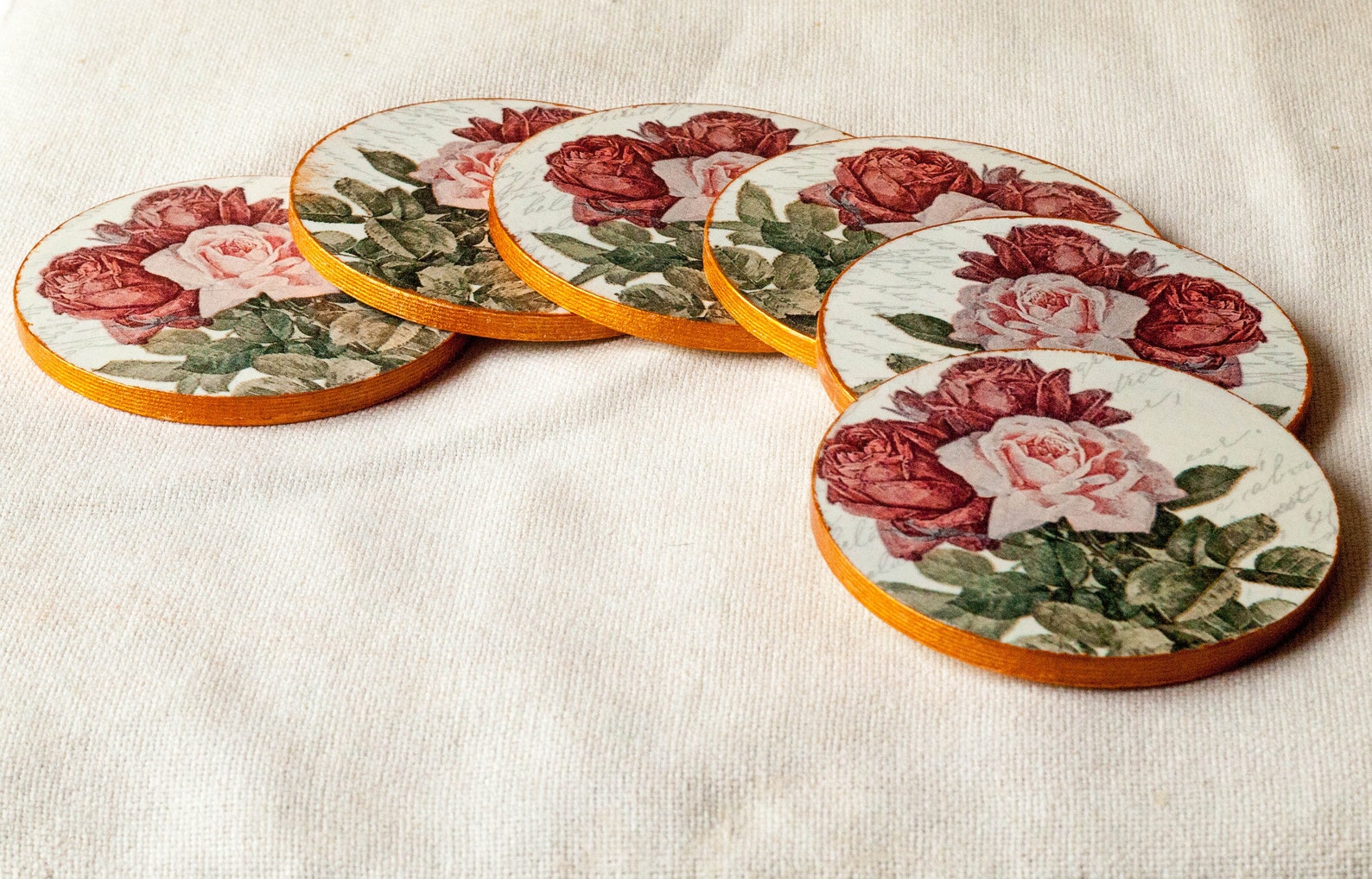 Decoupage Coasters Set of 6 Vintage Roses Coasters Kitchen Etsy UK