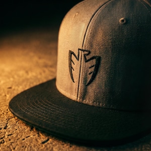 May include: A grey and black baseball cap with a flat peak. The cap has a black embroidered emblem on the front. The hat is made of a textured fabric and is set against a textured background.
