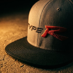 May include: Gray and black baseball cap with the word "TYPE" and a red "R" logo embroidered on the front. The cap has a flat brim and a structured fit, suitable for casual wear.