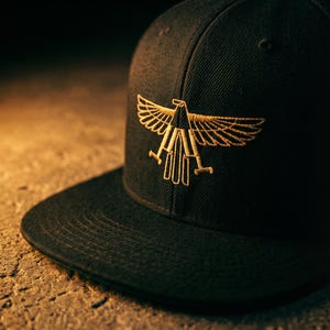 May include: A black baseball cap with a flat peak, adorned with a gold embroidered eagle emblem. The cap is crafted from a textured material and has a structured shape. The eagle design features outstretched wings and detailed features.
