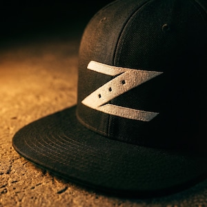 May include: Black snapback cap featuring a white embroidered "Z" logo. The cap has a flat peak and a structured crown. The logo is a stylized letter "Z" with three small dots. The cap is made of a durable fabric.