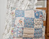 Blue Patchwork Pillow, Vintage Quilt Pillow, Blue and White Farmhouse Pillow