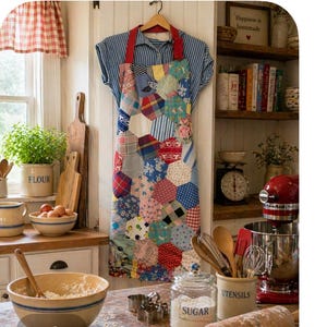 May include: A colorful patchwork apron with a red strap hangs in a kitchen. The apron features a variety of patterned fabric pieces in red, blue, and yellow. A red KitchenAid mixer and a bowl of eggs are also visible.