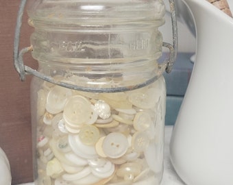 Vintage Jar of Cream and White Buttons, Neutral Home Decor