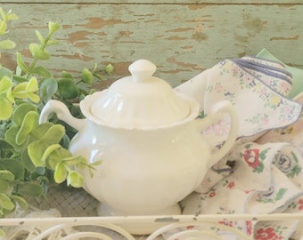 J and G Classic White Ironstone Sugar Bowl, English  Serving  Pieces, Made In England, Farmhouse  Dining