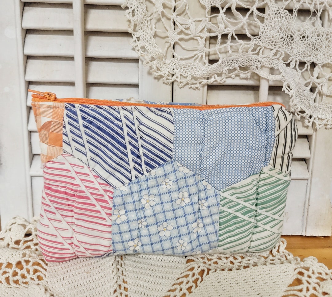Quilted Zipper Bag Made From a Vintage Quilt Blue Fabric Etsy