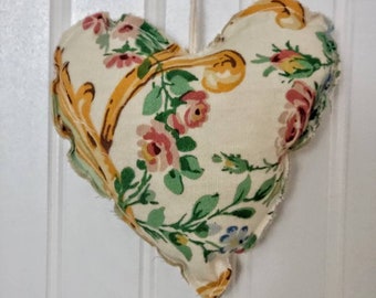 Vintage Fabric Hanging Heart, Pink Fabric Heart Ornament, Farmhouse Decor