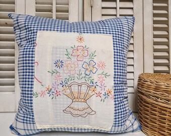 Blue Gingham  Embroidered  Floral  Pillow Cover, Hand Embroidered Pillow Cover, Vintage Embroidery, Vintage Pillow Cover