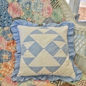 Blue and White Vintage Quilt Pillow Cover, Ruffled Pillow Cover, Cottage Style Decor, Vintage Bedding