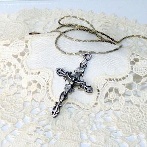 Silver Cross Necklace 16&quot; Vintage Silver Crucifix Old Silver Tone Cross Catholic Religious 70&#39;s Crucifix Jewelry, Jesus Christ Cross Jewelry