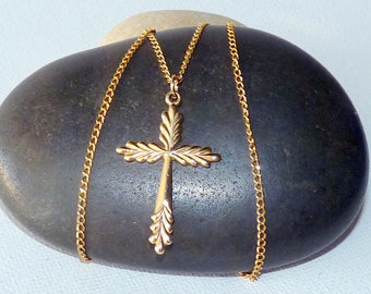 Gold Tone Cross Vintage Gold Cross Pendant 16" Chain Necklace Religious Cross Christian Jewelry Vintage Catholic Cross Jewelry, Gold Cross