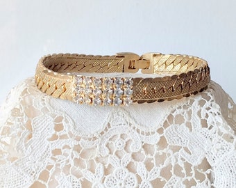 Gold Tone Bracelets Vintage Bracelet Gold Rhinestone 7 1/4" Bracelet, Gold Tone Jewelry, Retro Gold Tone Chain Link Bracelet