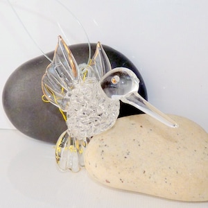 Small Glass Hummingbird Figurine Vintage Bird Miniature Collectible Art Glass Bird Tiny Glass Clear and Gold Vintage Glass Hummingbird