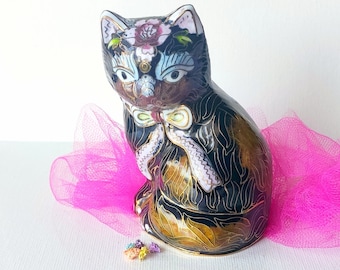 Large Cloisonne Cat Rare Figurine Collectible Cloisonné Gift  Big Cat Statue China Animal Paper Weight Cat Sculpture Home Decor, Gift Statue