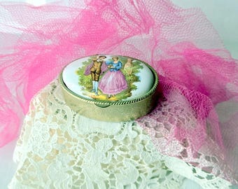 Miniature Porcelain Romantic Couple Ceramic Trinket Box, Small Vintage Trinket Box Small Jewelry Box Trinket Box Vanity Collectible Pill Box