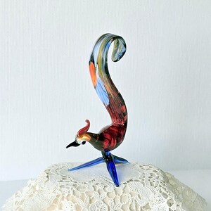 Murano Glass Fancy Bird Figurine Collectible Art Glass Bird Modernist Glass Red and Blue Vintage Hand Blown Statue Bird Venetian Statuette