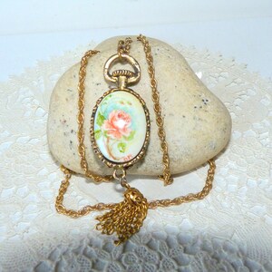 Brass Gold  24 1/2&quot; Necklace Vintage Ceramic Pendant Chain Retro Jewelry Picture Locket Imitation, Retro Gold Flower, Retro Jewelry 24 1/2&quot;