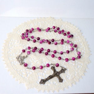 Silver Tone Rosary Religious Rosary Silver Crucifix Religious Jewelry, Old Rosary, Purple Acrylic Beads Catholic Rosary, Plastic Beads