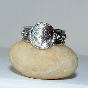 Sterling Silver Rosary Ring, Vintage St Benedict Catholic Band Size 9, One Decade Rosary Unisex Ring, Christian Jewelry, Prayer Band Ring